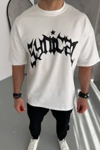 ERKEK Tişört Bisiklet Yaka Baskılı Kısa kol T-Shirt - Beyaz