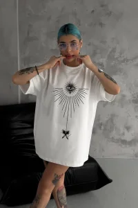 kadın Bisiklet Yaka Baskılı Oversize  Kısa kol T-Shirt - Beyaz