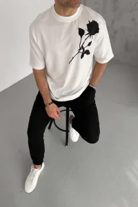 Erkek Kısa Kol Tişört Bisiklet Yaka GÜL Baskılı Oversize T-Shirt - Beyaz
