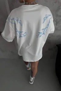 Kadın Tişort Bisiklet Yaka Yıldırım Şimşek Baskılı Kısa kol T-Shirt - Beyaz