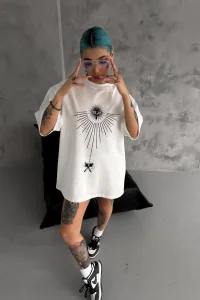 kadın Bisiklet Yaka Baskılı Oversize  Kısa kol T-Shirt - Beyaz