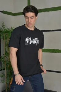 Erkek Kısa Kol Yazlık Tişört Bisiklet Yaka Baskılı Oversize T-Shirt - Siyah