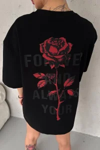 kadın Bisiklet Yaka Baskılı Oversize  Kısa kol T-Shirt - Siyah