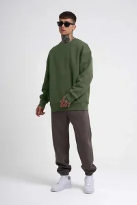 ERKEK Bisikilet Yaka 3 İplik Pamuklu SweatShirt - Haki