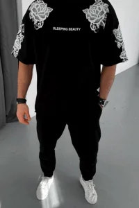 Erkek Kısa Kol Yazlık Tişört Bisiklet Yaka Baskılı Oversize T-Shirt - Siyah