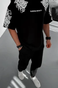 Erkek Kısa Kol Yazlık Tişört Bisiklet Yaka Baskılı Oversize T-Shirt - Siyah