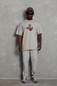 Erkek Kısa Kol Yazlık Tişört Bisiklet Yaka Baskılı Oversize T-Shirt - Gri