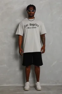 Erkek Baskılı Tişört Kısa Kol Bisiklet Yaka Oversize T-Shirt - Gri