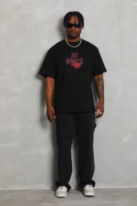 Erkek Baskılı Tişört Kısa Kol Bisiklet Yaka Oversize T-Shirt - Siyah