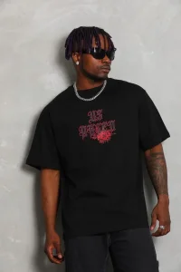 Erkek Baskılı Tişört Kısa Kol Bisiklet Yaka Oversize T-Shirt - Siyah