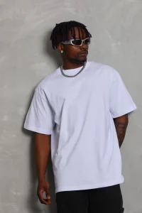 Erkek Düz Yazlık Kısa Kol Tişört Bisiklet Yaka Oversize T-Shirt - Beyaz