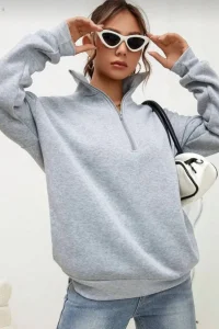 Kadın 3 iplik Pamuklu Uzun Kol Yarım Farmuarlı Yakalı  SweatShirt - Gri