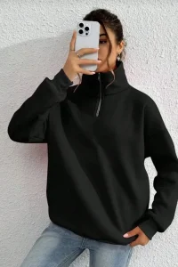 Kadın 3 iplik Pamuklu Uzun Kol Yarım Farmuarlı Yakalı SweatShirt - Siyah