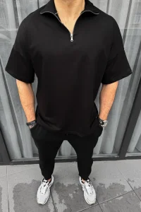 Erkek Yarım Fermuarlı Kısa kol T-Shirt - Siyah
