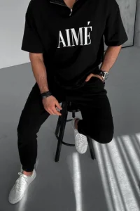 ERKEK Tişört Yakalı Yarım Fermuarlı  Kısa Kol Baskılı T-Shirt - Siyah