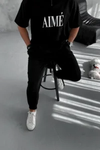 ERKEK Tişört Yakalı Yarım Fermuarlı  Kısa Kol Baskılı T-Shirt - Siyah