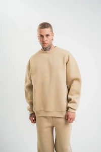 Erkek Uzun Kol Bisiklet Yaka 3 iplik Pamuklu Kışlık SweatShirt  - Bej