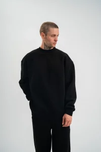 Erkek Uzun Kol Bisiklet Yaka 3 iplik Pamuklu Kışlık SweatShirt - Siyah