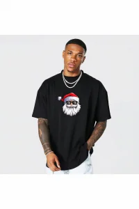 Yılbaşı Gözlüklü Noel Baba Baskılı Kısa Kollu Oversize Bisiklet Yaka T-shirt - Siyah