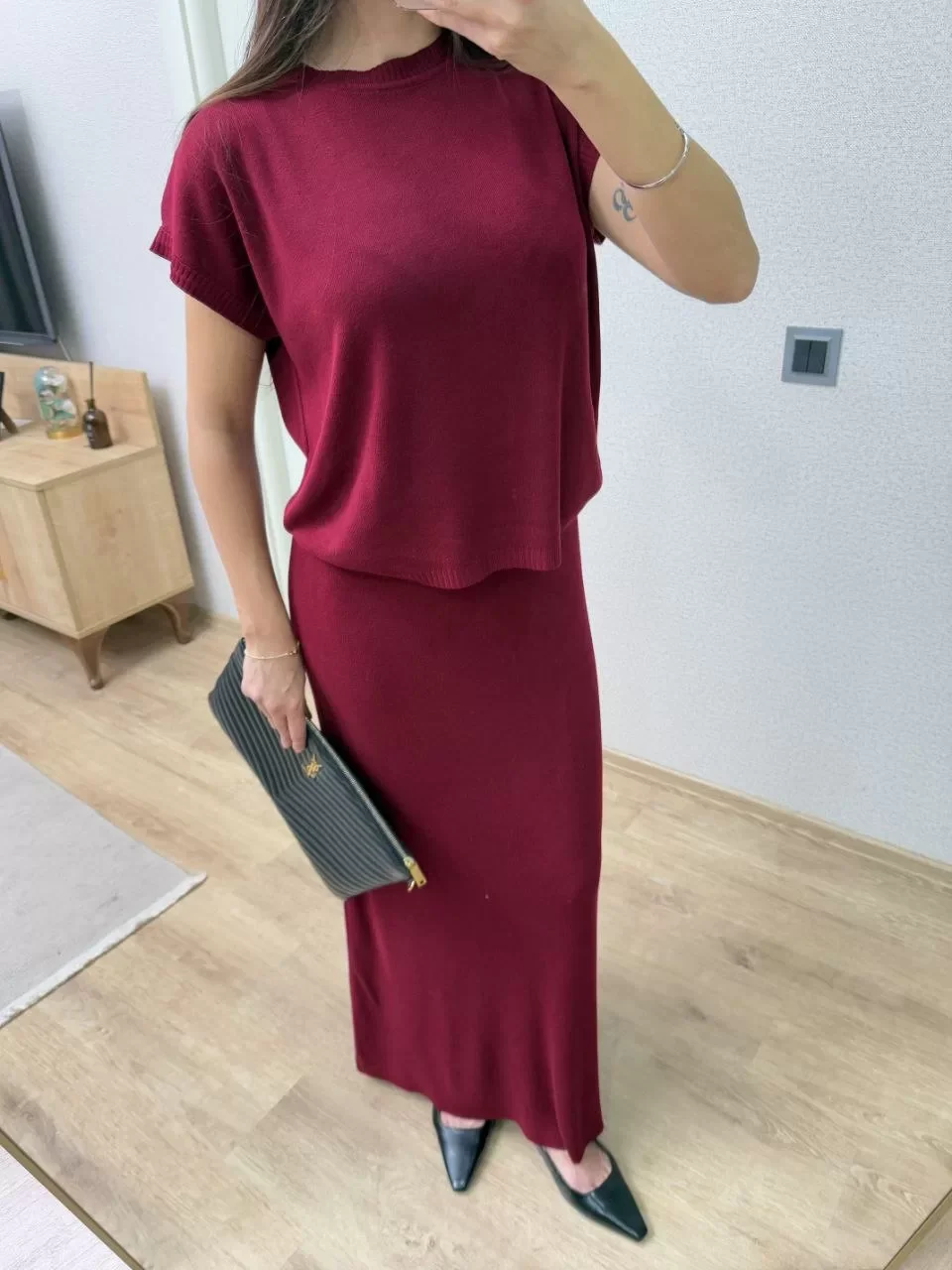 Bisiklet Yaka Bluz Uzun Etekli ikili Takım Triko - Bordo Görseli