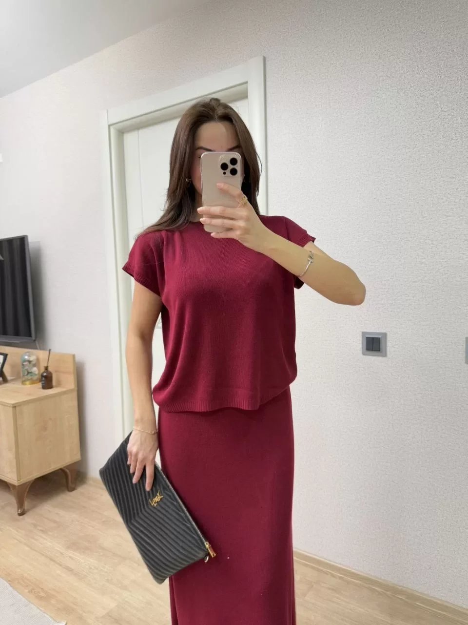 Bisiklet Yaka Bluz Uzun Etekli ikili Takım Triko - Bordo Görseli
