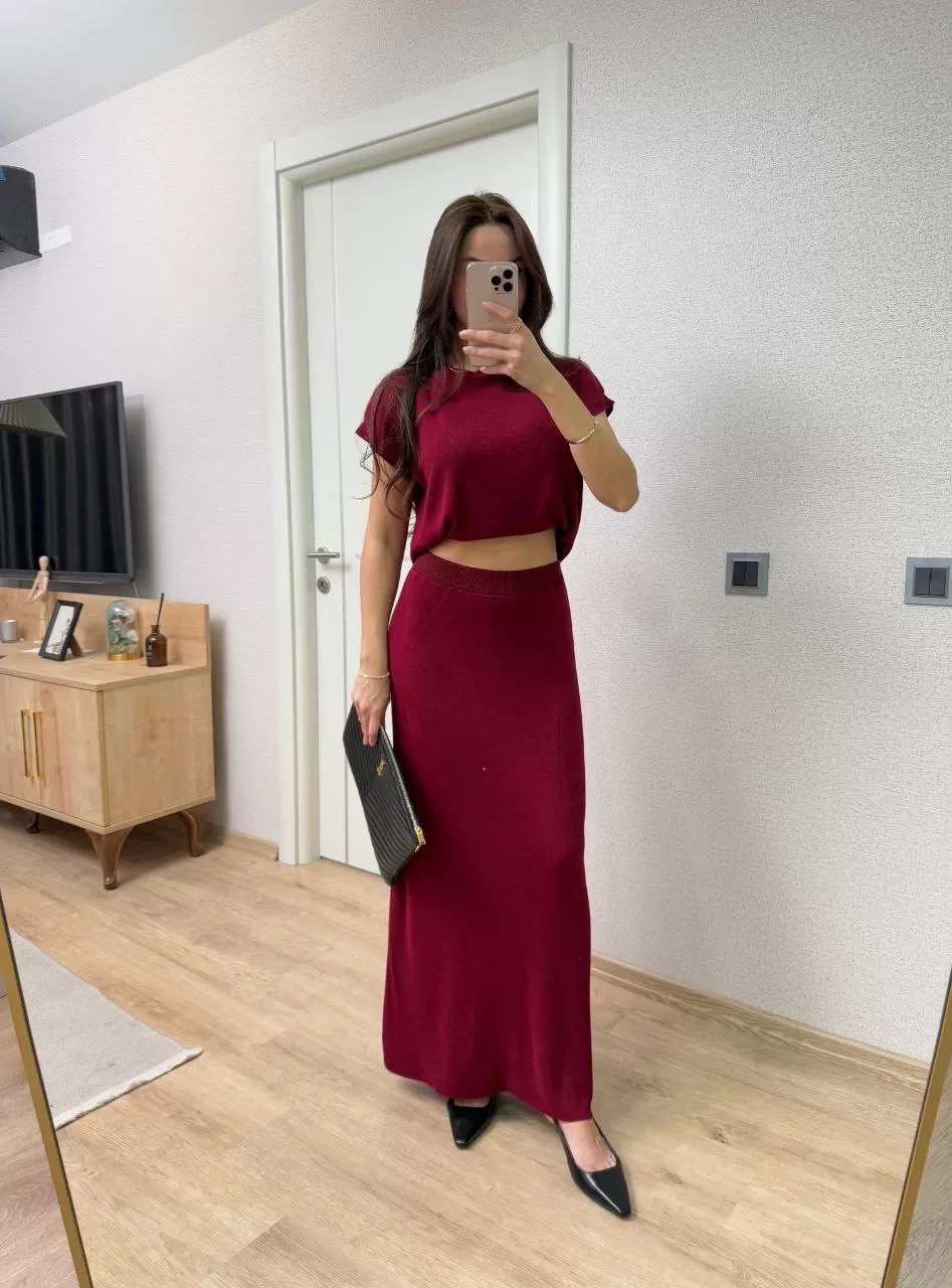 Bisiklet Yaka Bluz Uzun Etekli ikili Takım Triko - Bordo Görseli