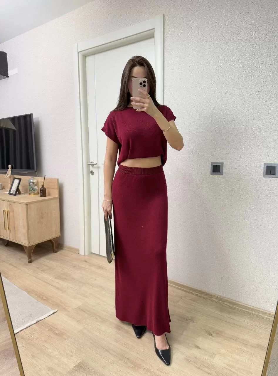 Bisiklet Yaka Bluz Uzun Etekli ikili Takım Triko - Bordo Görseli