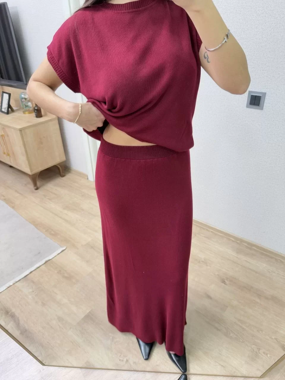 Bisiklet Yaka Bluz Uzun Etekli ikili Takım Triko - Bordo Görseli