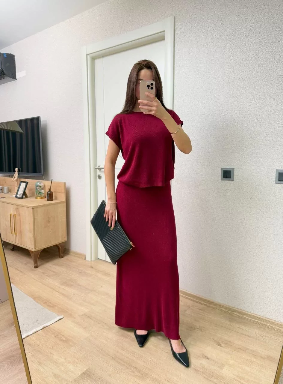 Bisiklet Yaka Bluz Uzun Etekli ikili Takım Triko - Bordo Görseli