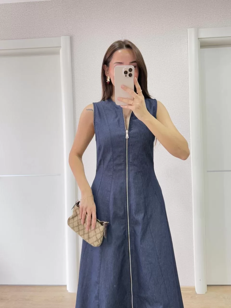 Jeans Kot Önü Tam Fermuarlı Kadın Uzun Elbise - Mavi Görseli