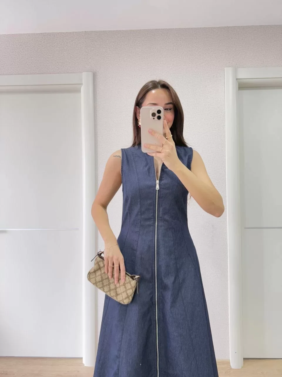 Jeans Kot Önü Tam Fermuarlı Kadın Uzun Elbise - Mavi Görseli
