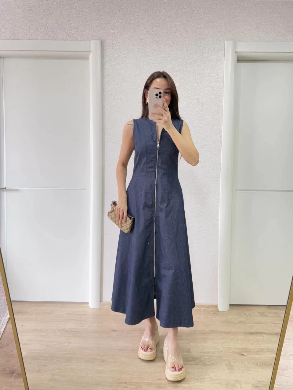 Jeans Kot Önü Tam Fermuarlı Kadın Uzun Elbise - Mavi Görseli