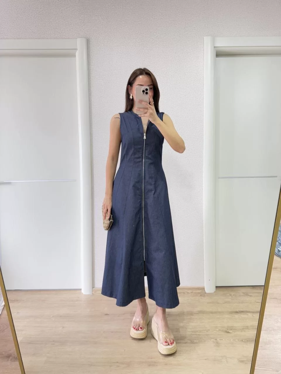 Jeans Kot Önü Tam Fermuarlı Kadın Uzun Elbise - Mavi Görseli