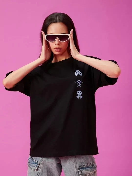 Kadın Baskılı Oversize T-shirt - Siyah Görseli