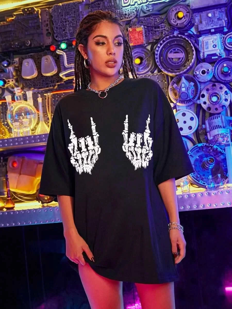 Kadın Baskılı Oversize T-shirt - Siyah Görseli