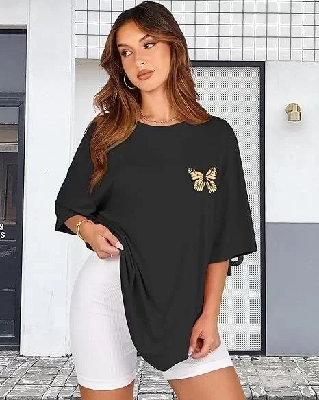 Kadın Bisiklet Yaka Baskılı T-shirt - Siyah Görseli