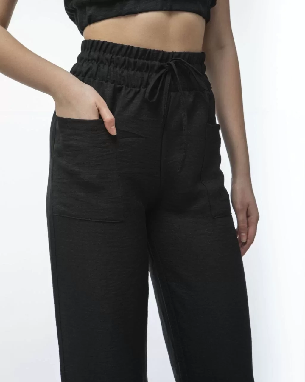 Kadin Keten Pantolon ve Crop Takım - Siyah Görseli