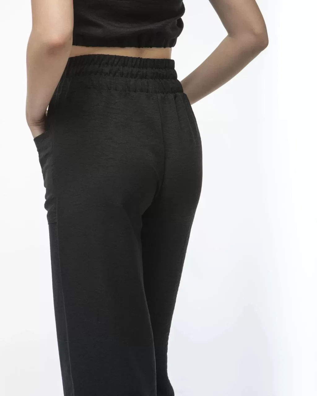 Kadin Keten Pantolon ve Crop Takım - Siyah Görseli