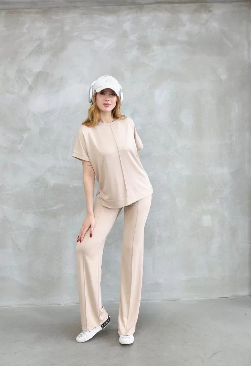 Osy Modal Yumuşak dokulu Kumaş Bisiklet Yaka Kısa Kollu Takım - Bej Görseli