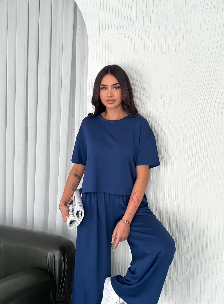Osy Modal Yumuşak Dokulu Kumaş Bisiklet Yaka T-shirt Bol paça Pantalon ikili Takım -Saks Mavi Görseli