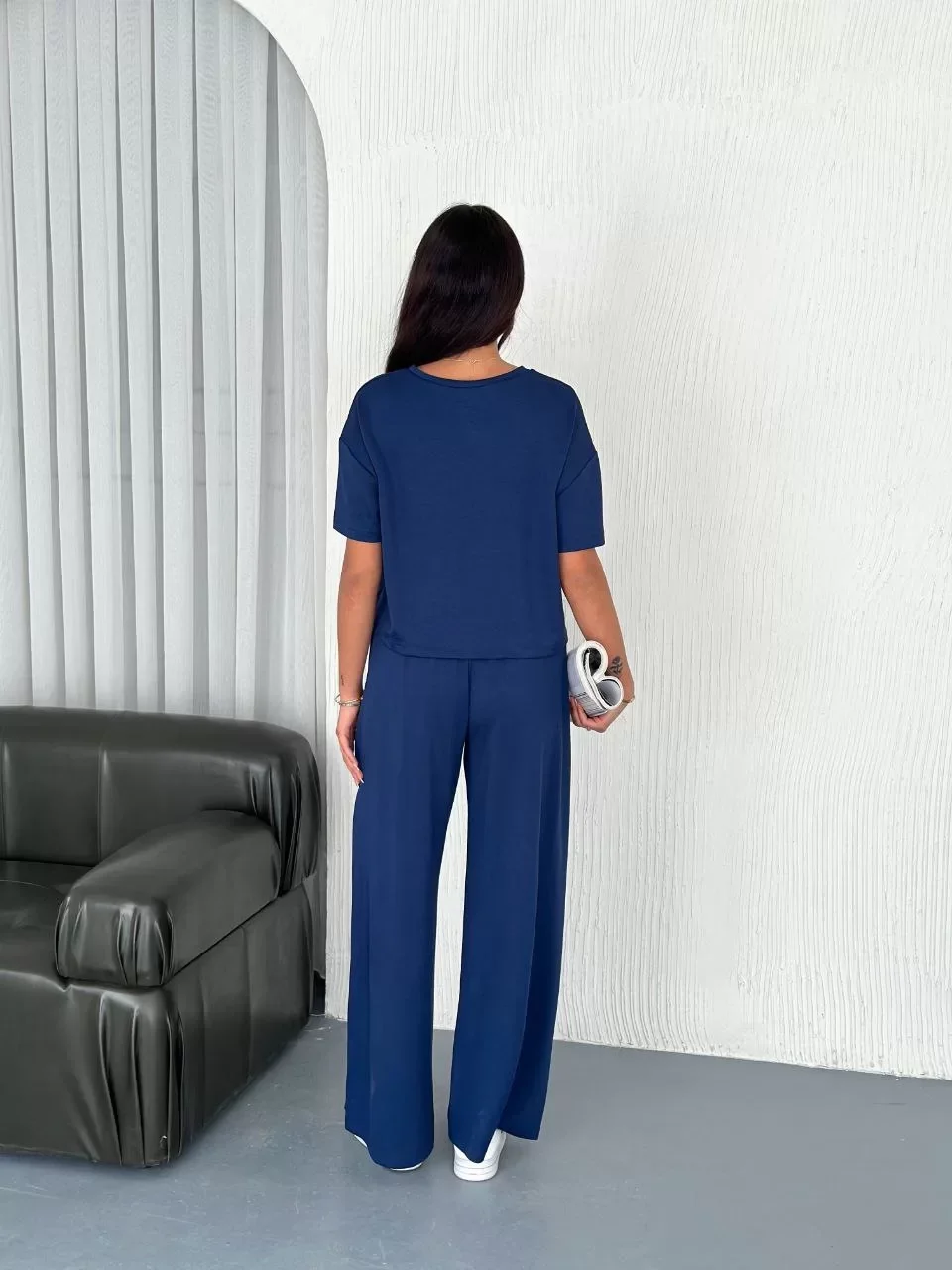 Osy Modal Yumuşak Dokulu Kumaş Bisiklet Yaka T-shirt Bol paça Pantalon ikili Takım -Saks Mavi Görseli