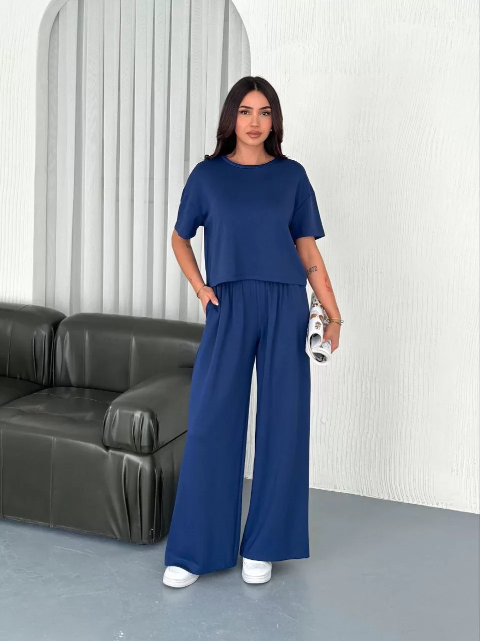 Osy Modal Yumuşak Dokulu Kumaş Bisiklet Yaka T-shirt Bol paça Pantalon ikili Takım -Saks Mavi Görseli