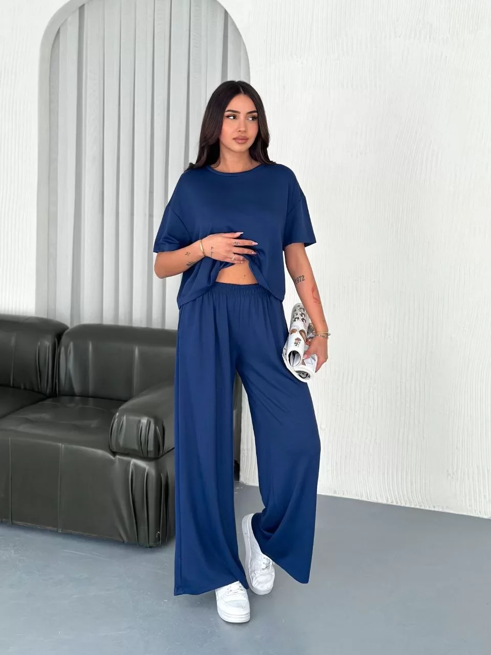 Osy Modal Yumuşak Dokulu Kumaş Bisiklet Yaka T-shirt Bol paça Pantalon ikili Takım -Saks Mavi Görseli