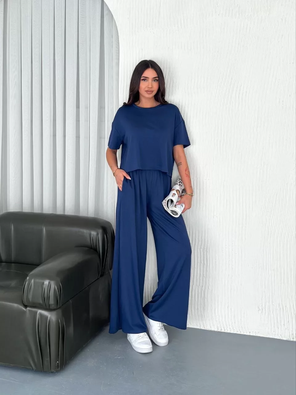 Osy Modal Yumuşak Dokulu Kumaş Bisiklet Yaka T-shirt Bol paça Pantalon ikili Takım -Saks Mavi Görseli