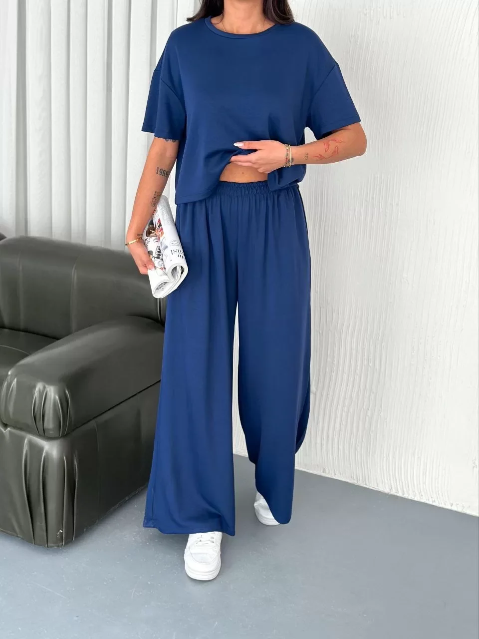 Osy Modal Yumuşak Dokulu Kumaş Bisiklet Yaka T-shirt Bol paça Pantalon ikili Takım -Saks Mavi Görseli