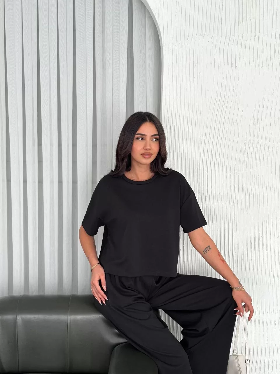 Osy Modal Yumuşak Dokulu Kumaş Bisiklet Yaka T-shirt Bol paça Pantalon ikili Takım -Siyah Görseli