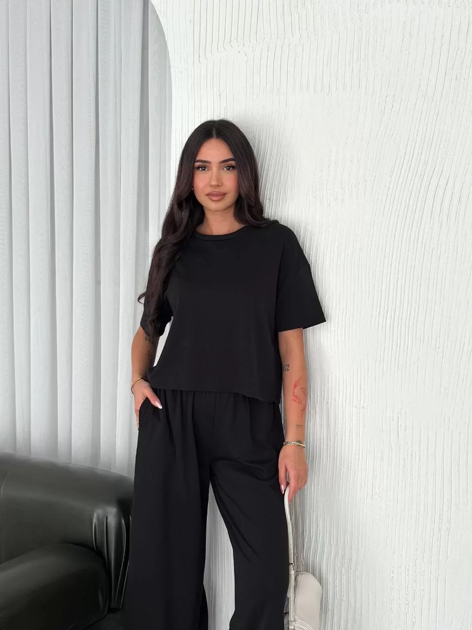 Osy Modal Yumuşak Dokulu Kumaş Bisiklet Yaka T-shirt Bol paça Pantalon ikili Takım -Siyah Görseli