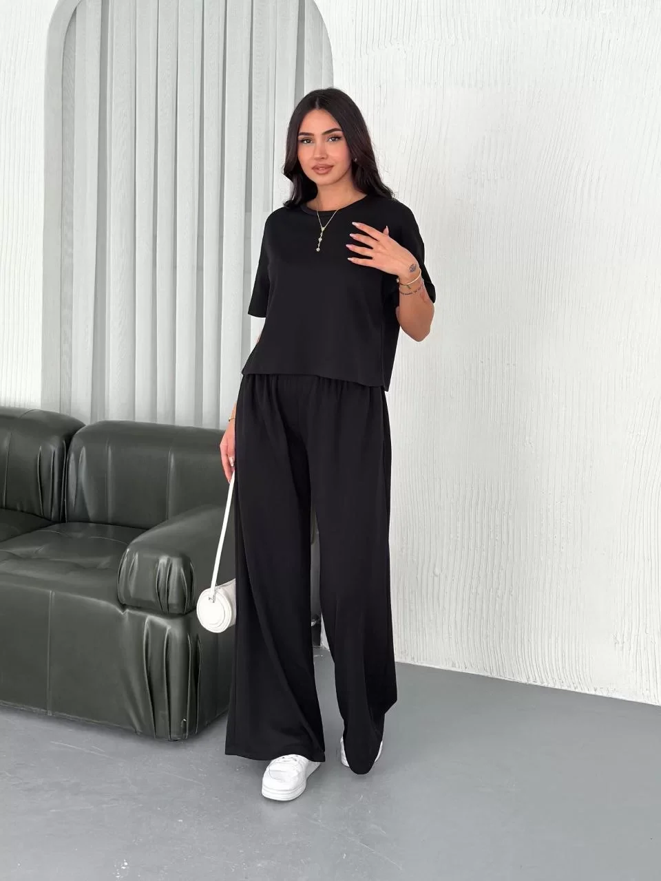 Osy Modal Yumuşak Dokulu Kumaş Bisiklet Yaka T-shirt Bol paça Pantalon ikili Takım -Siyah Görseli