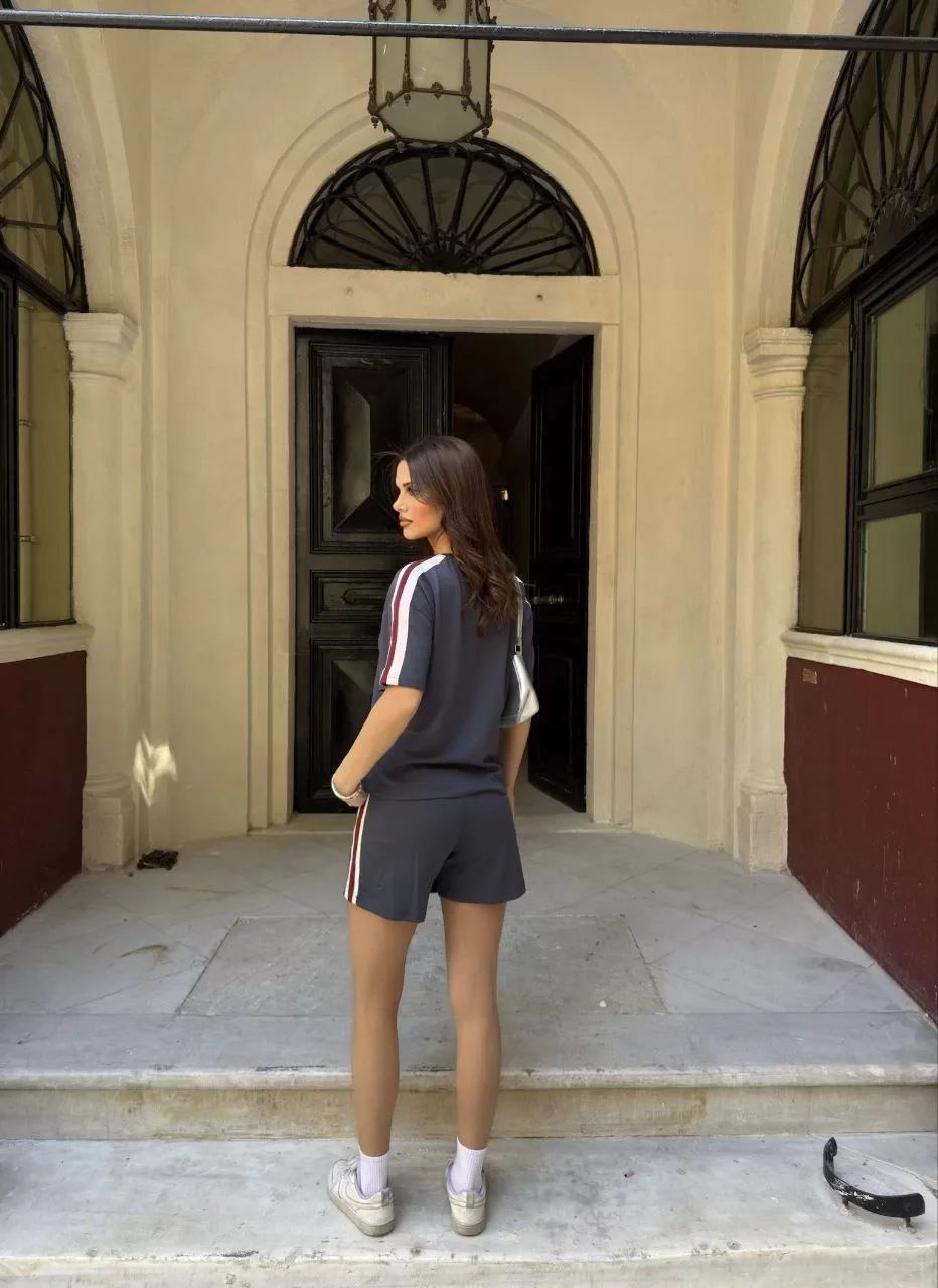 Osy Modal yumuşak dokulu Kumaş Kadın Parçalı Bisiklet Yaka T-shirt Mini Şortlu Etek İkili Takım - Füme Görseli