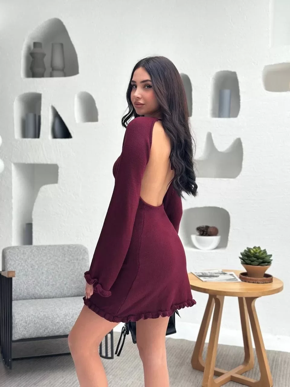 Sırt Pencereli Mini Triko Elbise - Bordo Görseli